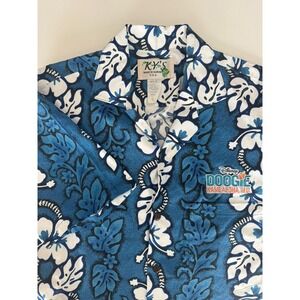 KYs Hawaiian Shirt Mens Small Short Sleeve Button‎ Up Blue Floral Cotton Aloha
